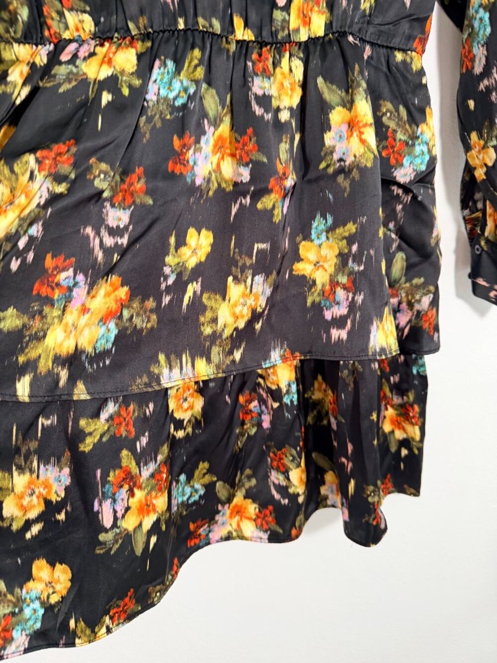Zara Black Floral Ruffle Tiered Mini Dress Long Sleeve Boho Cottagecore Size L - Picture 4 of 6